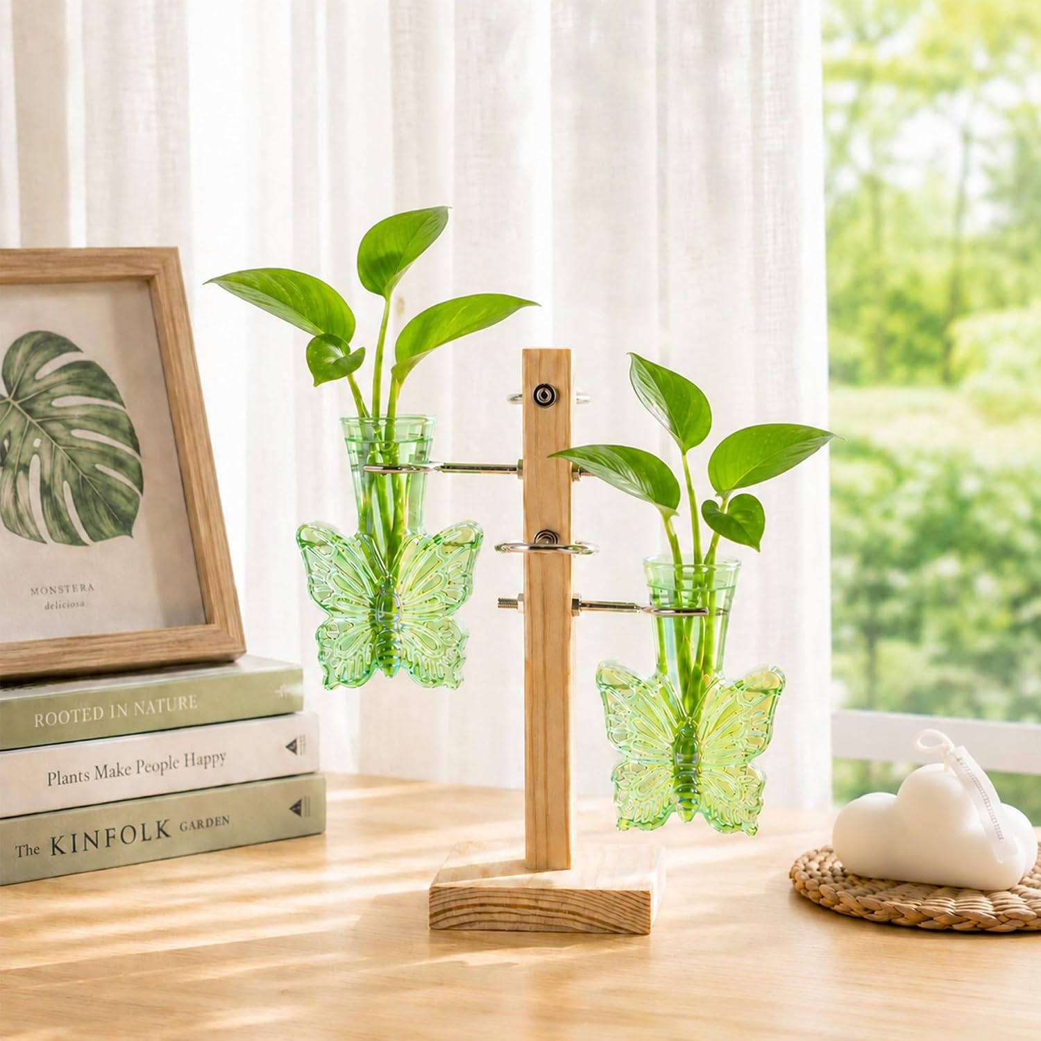 Plant Terrarium Propagation Stations: Green Vase with Wooden Stand | Irised Crystal Clear Glass, Butterfly Shaped, Home