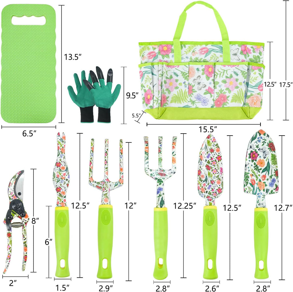 Garden Tool Set 9 Piece Heavy Duty Aluminum Gardening Hand Tools Kit Cute Gardening Supplies with Non-Slip Rubber Grip