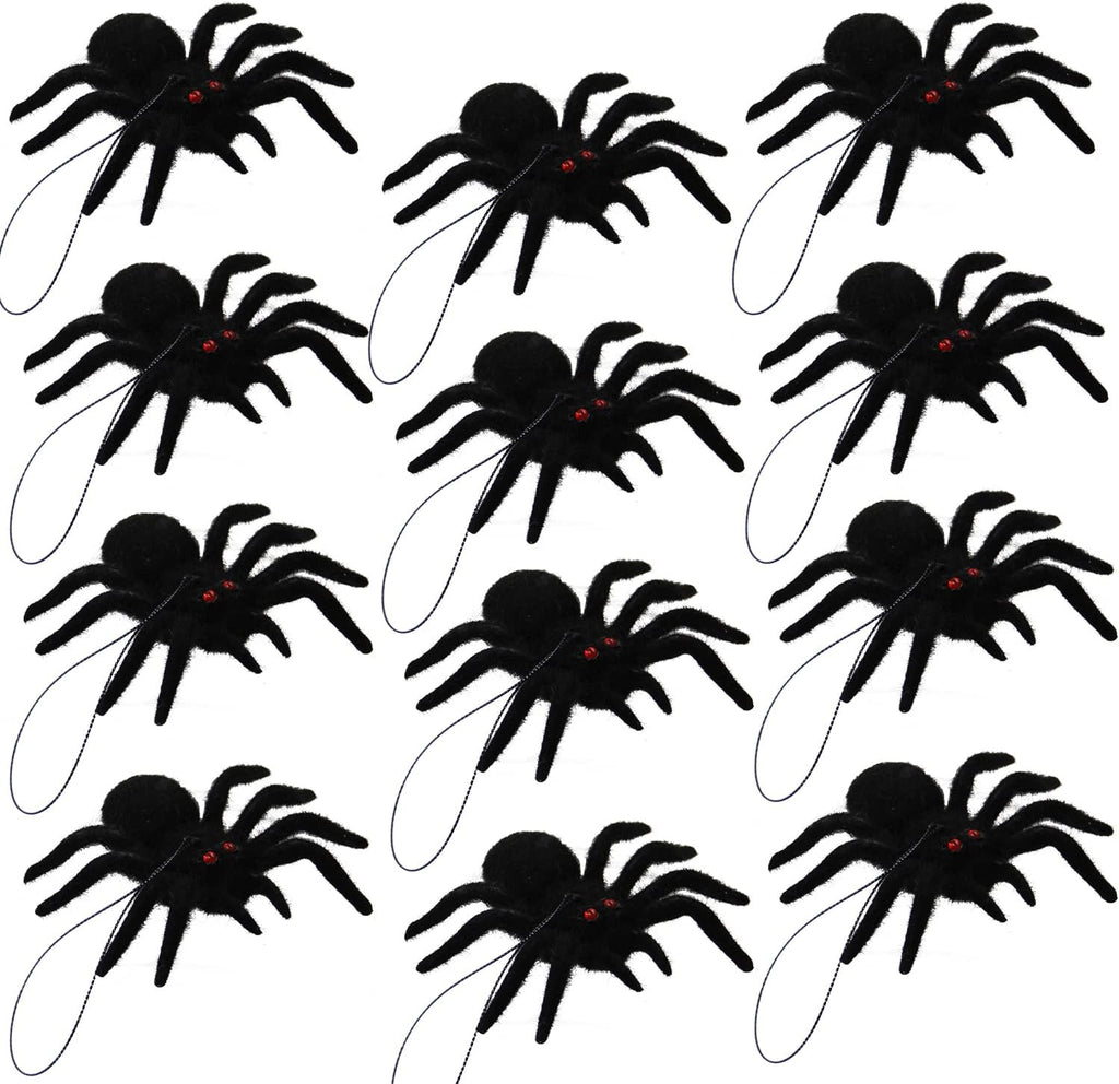 Halloween Hanging Spiders - Realistic Hairy Decorations for Party and Haunted House, 12 Pack