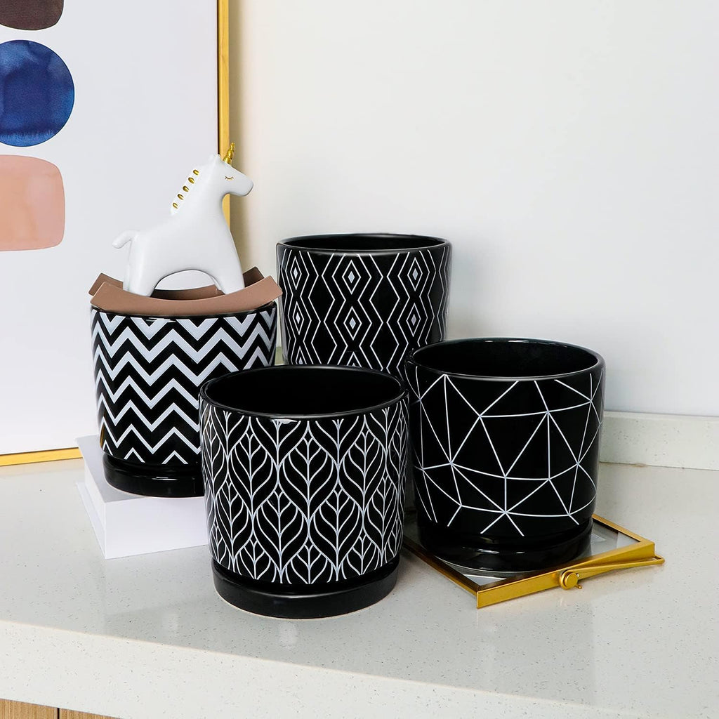 Flower Pots,5.5 Inch Black Ceramic Planters with Drainage Hole Set of 4 | Geometry Pots for Plants | Indoor Cylinder