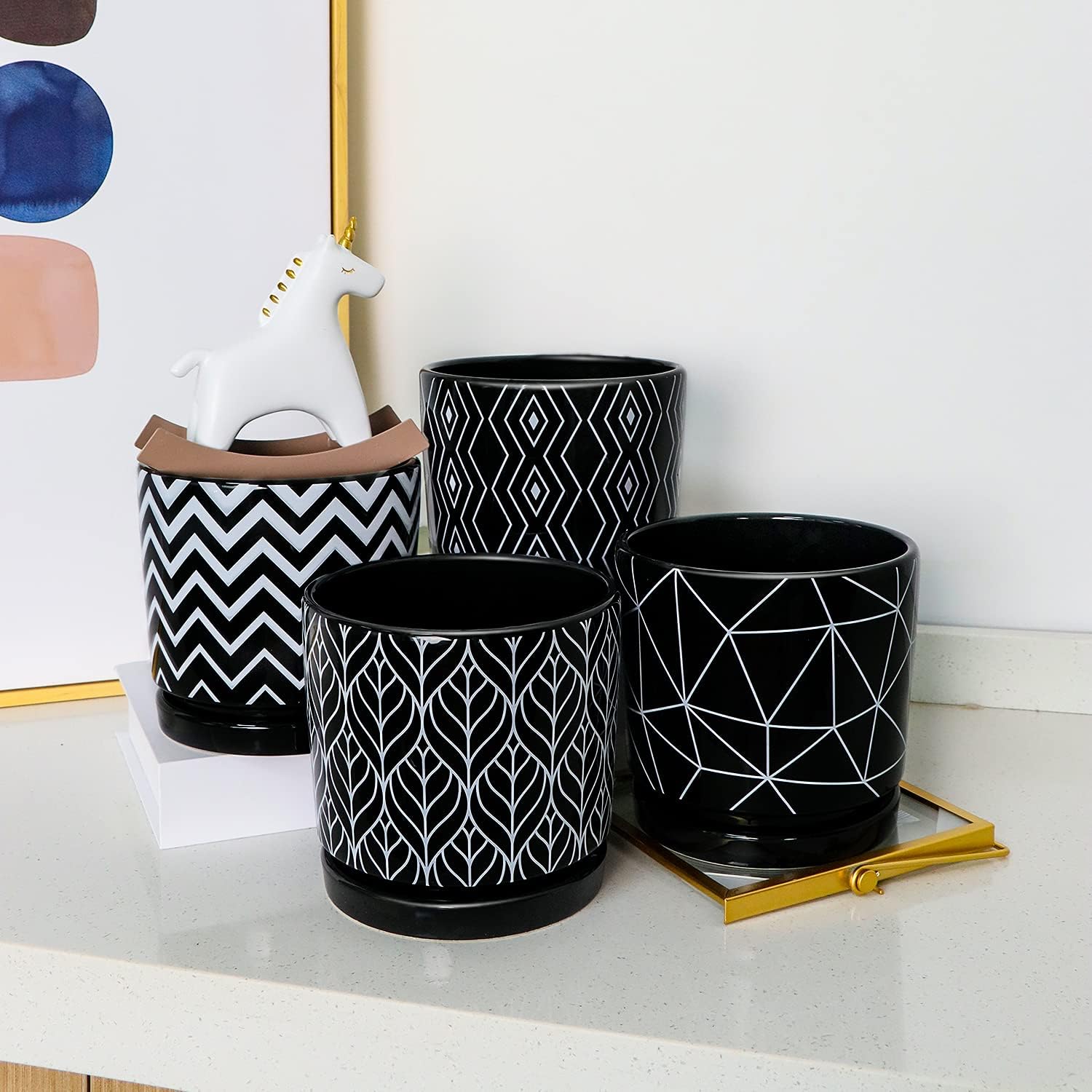 Flower Pots,5.5 Inch Black Ceramic Planters with Drainage Hole Set of 4 | Geometry Pots for Plants | Indoor Cylinder