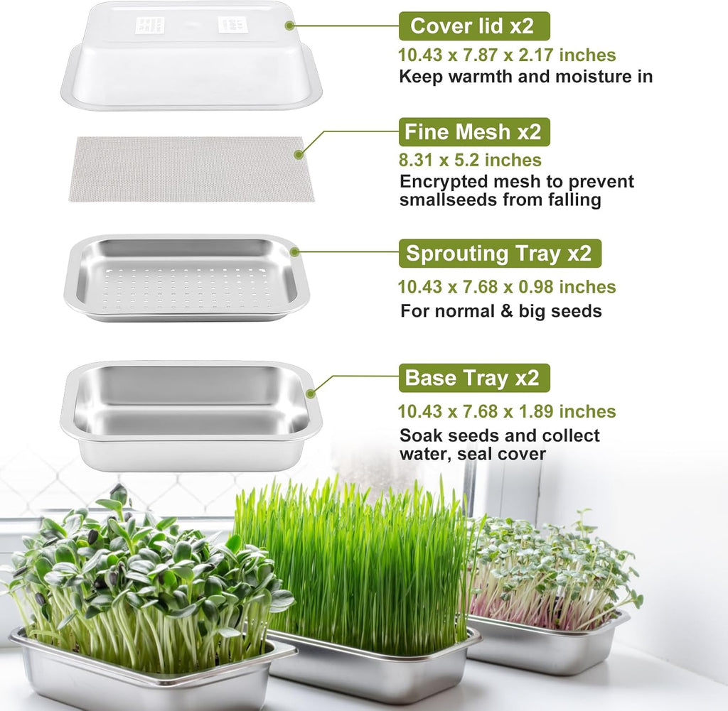 2 Pack Seed Sprouting Kit with Lid, 10.4 Inch Stainless Steel Soilless Culture Germination Tray, Microgreens Growing