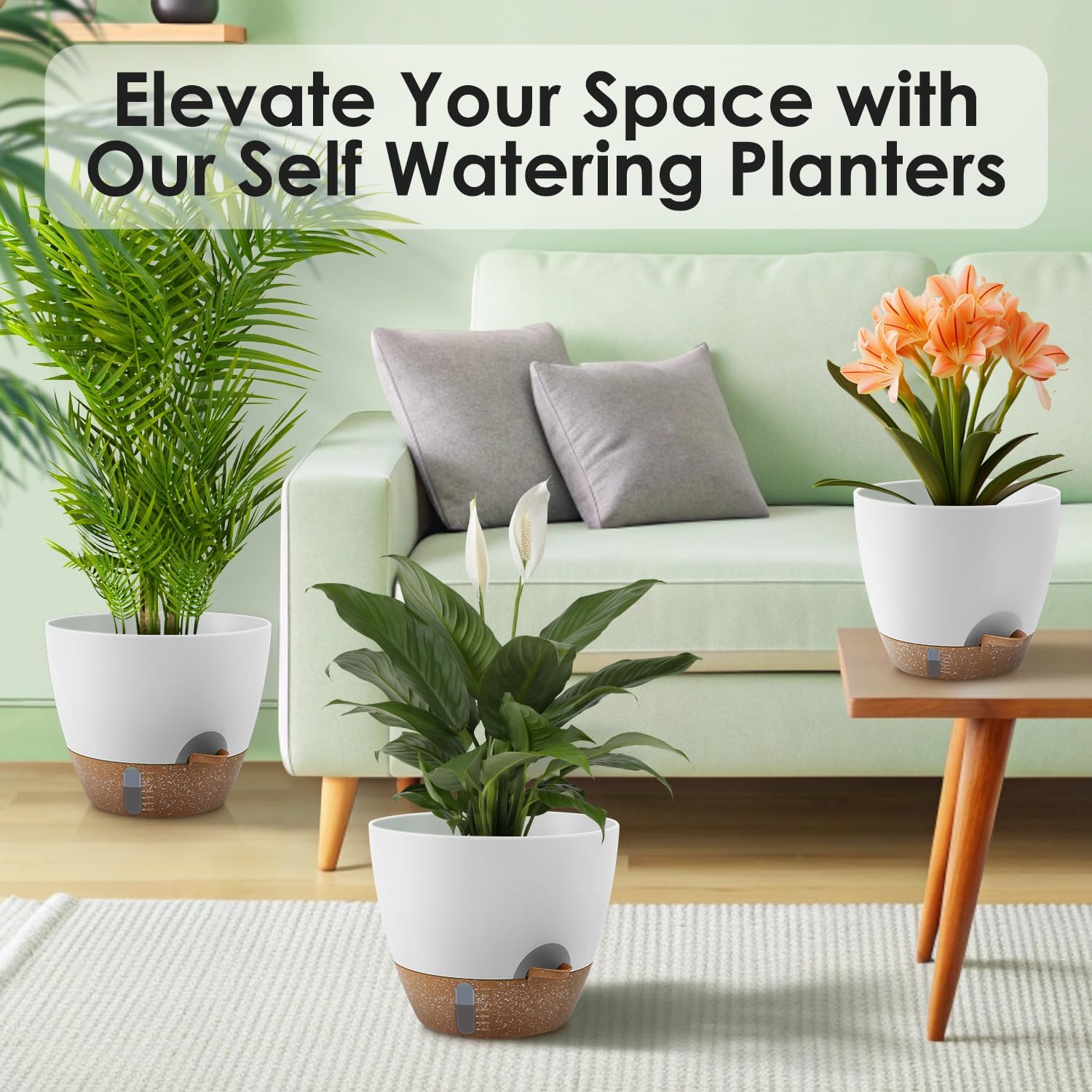 QRRICA 12/10/9 Inch Self-Watering Plant Pots with Water Level Indicator, Drainage Holes & Saucers – Large Plastic
