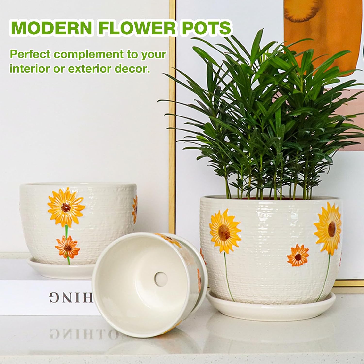 Hlukana Ceramic Plant Pots Set of 3, 6.75/5.6/4.2 inch Planters with Drainage Holes and Saucer, Flower Pots Outdoor
