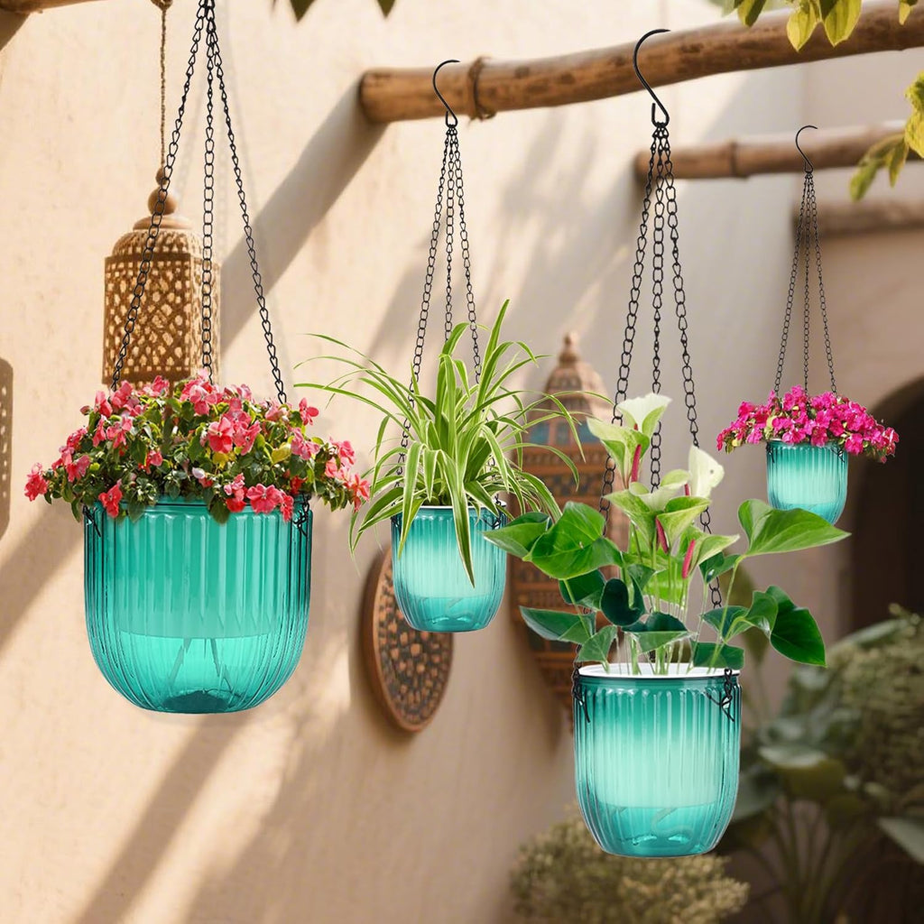 4 Pack Self Watering Hanging Planters with Drainage Holes Green