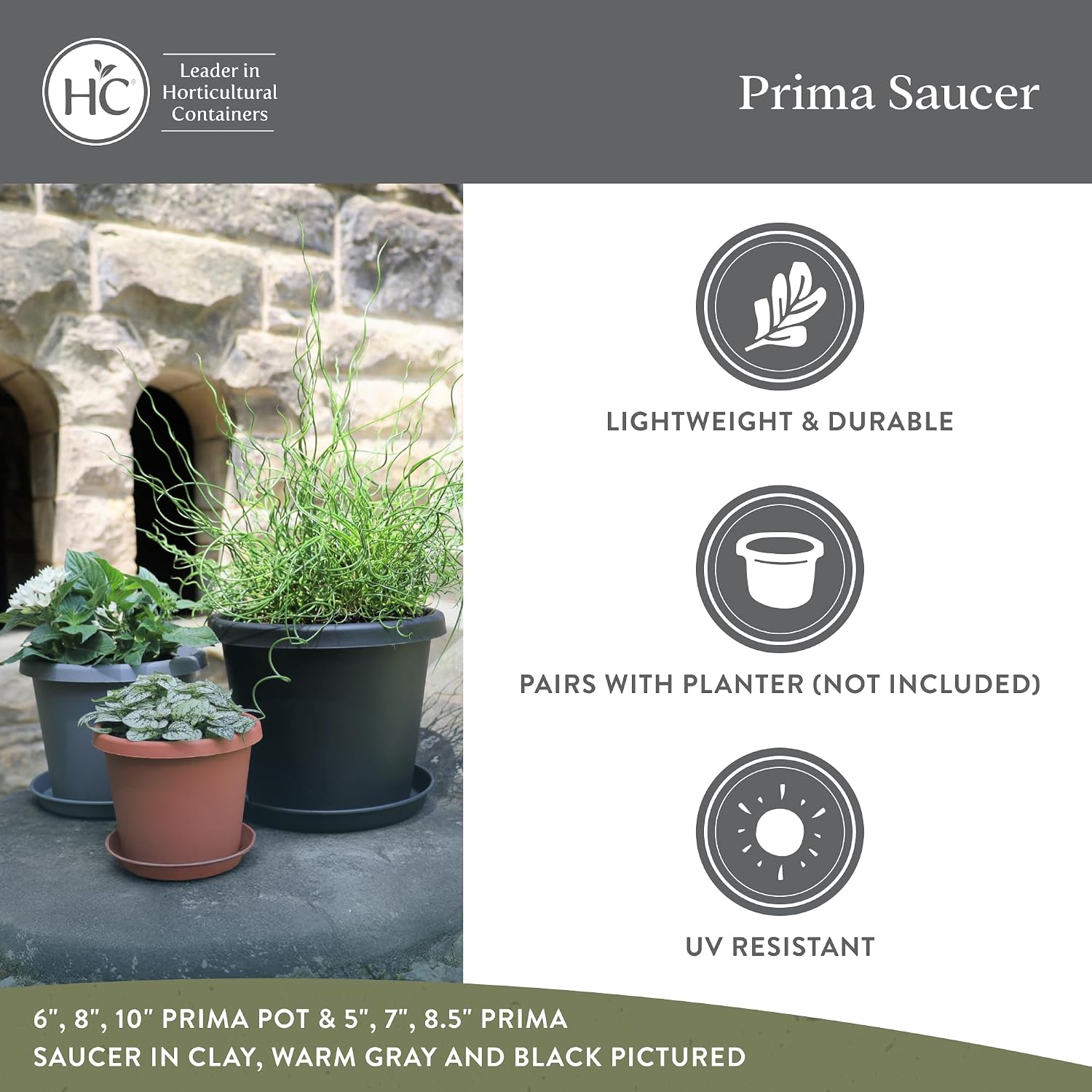 The HC Companies Round Prima Flower Pot Saucers - Plastic Plant Saucer for Outdoors & Indoors - Traditional Plant Pot