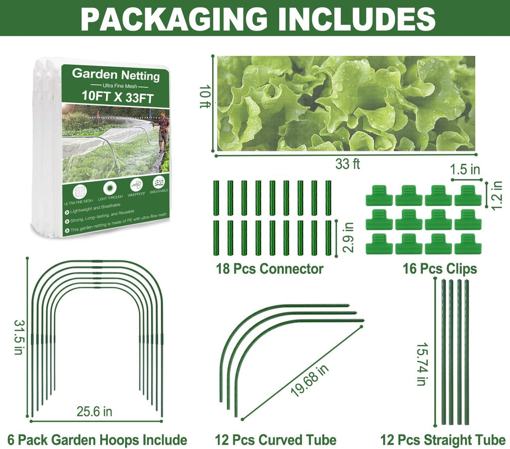 Garden Mesh Netting Kit, 10 * 33ft Ultra Fine Netting with 6pcs Garden Hoops for Raised Beds, Plants Cover Net for