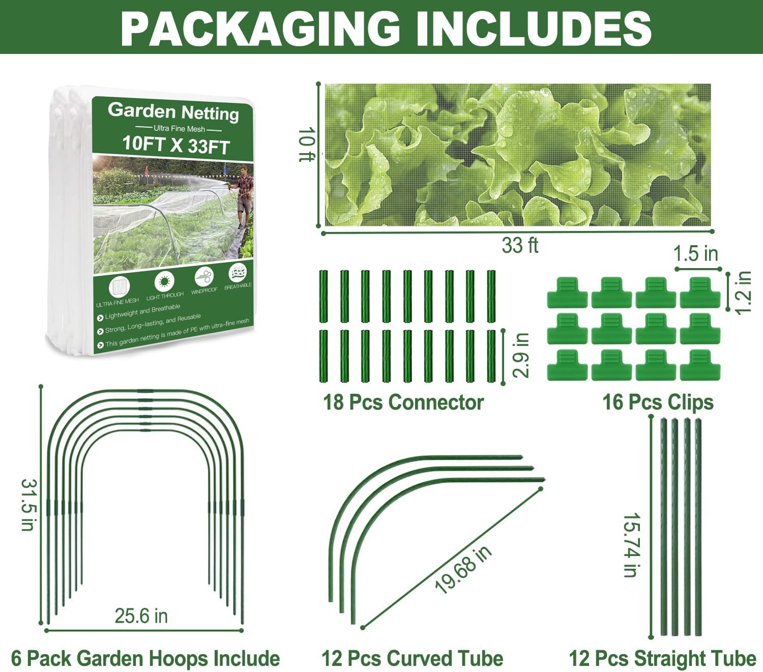 Garden Mesh Netting Kit, 10 * 33ft Ultra Fine Netting with 6pcs Garden Hoops for Raised Beds, Plants Cover Net for