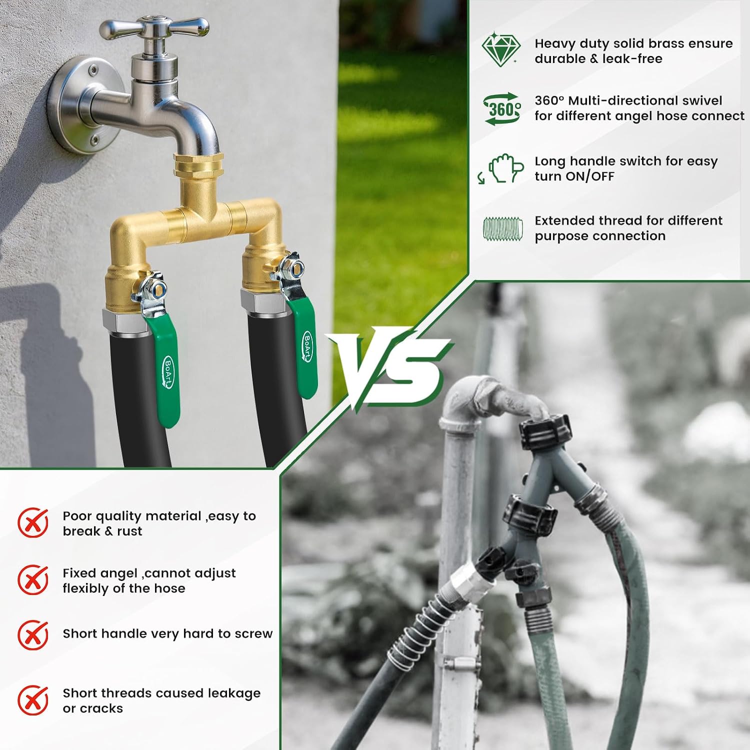 2 Way Heavy Duty Brass Garden Hose Splitter, 360° Rotatable Y Valve, Full Flow Large Ball Valve, Long Handle, Thickened