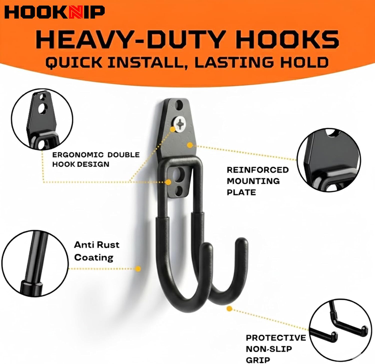 16 Pack Heavy Duty Garage Hooks, Wall Mounted Tool Hangers | PVC-coated hooks for bikes, ladders, garden tools and