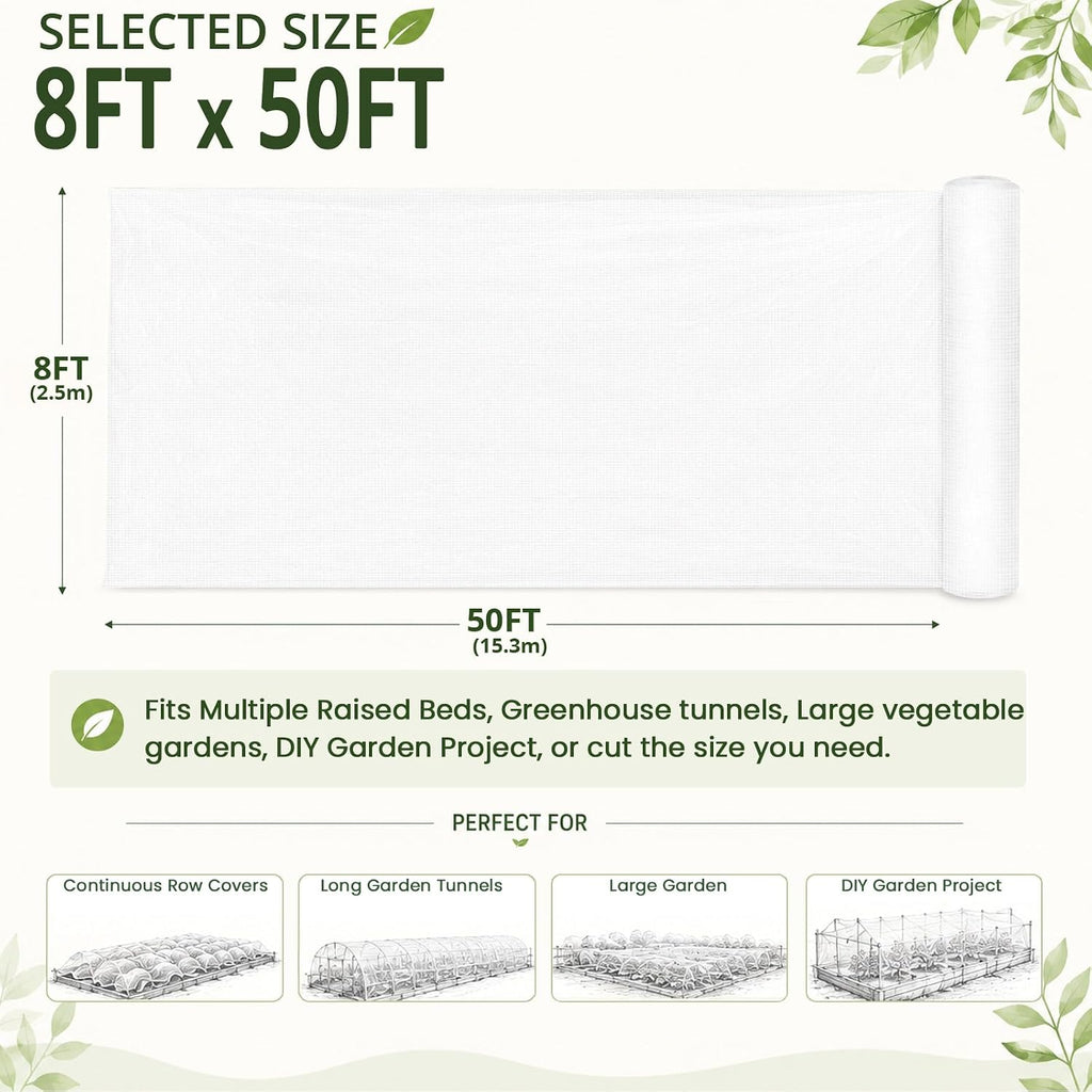 8Ft x 50Ft Garden Netting, Fine Mesh Insect Netting for Plant Protection | Mosquito Bug Bird Animal Pest Barrier