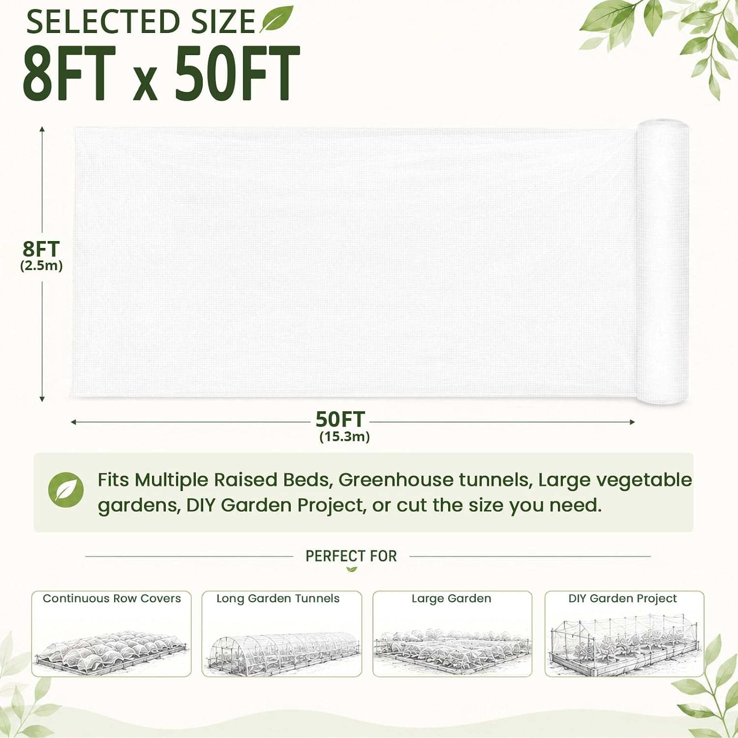 8Ft x 50Ft Garden Netting, Fine Mesh Insect Netting for Plant Protection | Mosquito Bug Bird Animal Pest Barrier