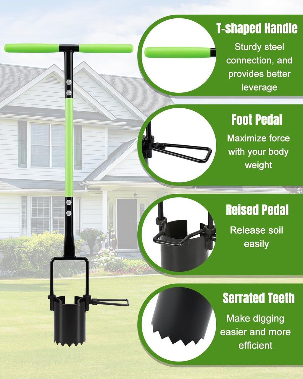 30in Long Handle Bulb Planter Tool, 5 in 1 Lawn Tool with Serrated Base | Sod cutter, Grass plugger, Weeding &