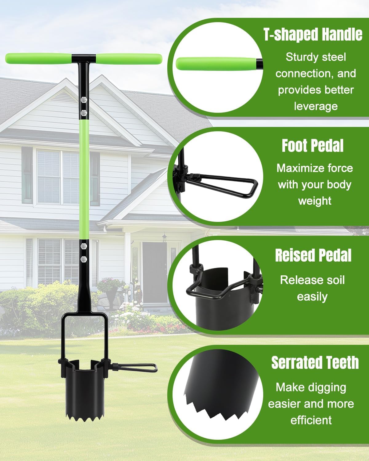 30in Long Handle Bulb Planter Tool, 5 in 1 Lawn Tool with Serrated Base | Sod cutter, Grass plugger, Weeding &