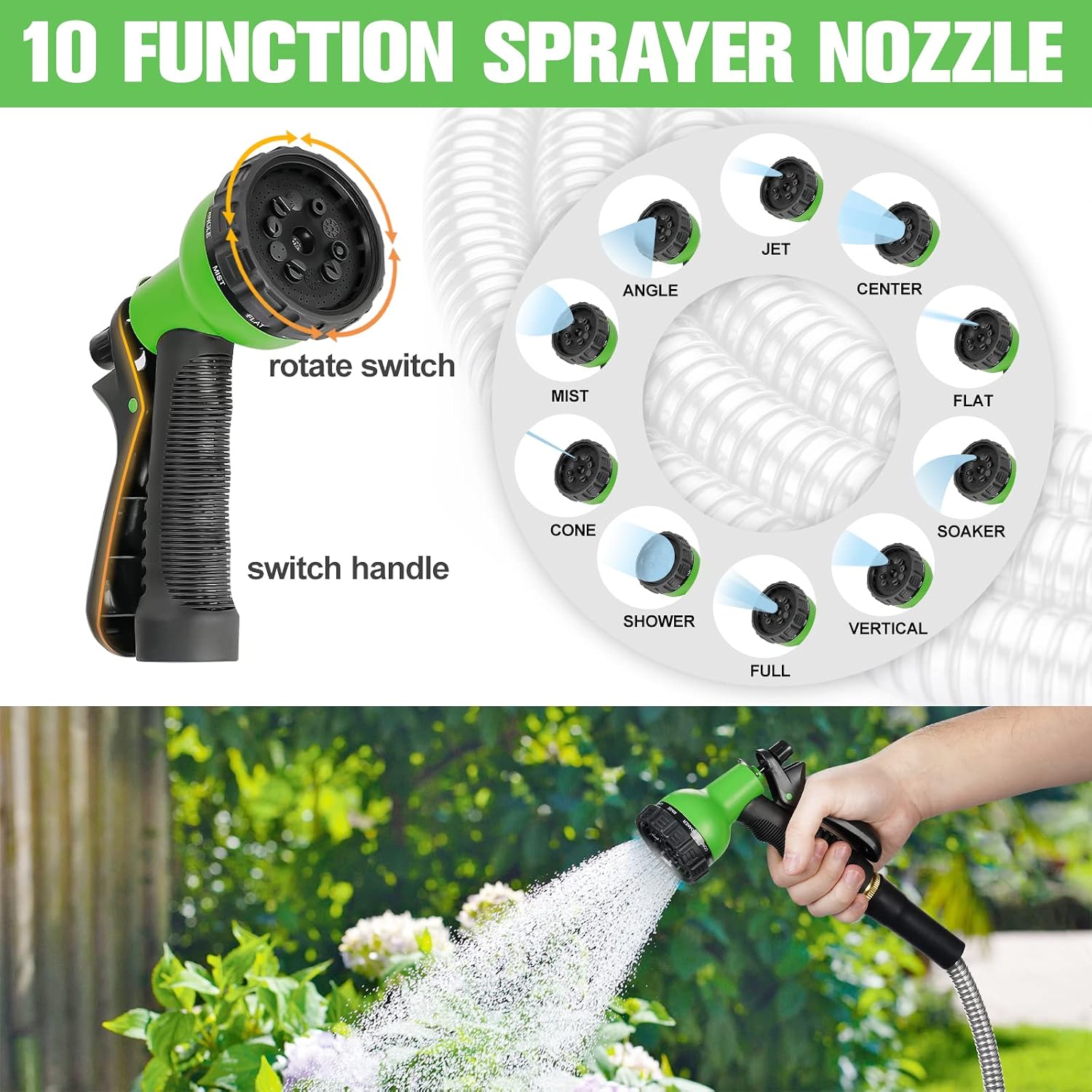TVKB Garden Hose 100ft Stainless Steel Water Hose Super Tough Flexible Water Pipe with Brass Fittings and Sprayer