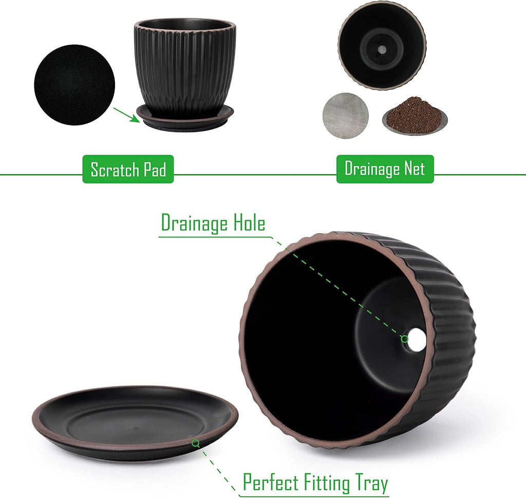 D'vine Dev 2-Pack Stoneware Planter Pots, 4.5/5.8 in, Black, 99-D-2 | Vertical Ribbed Texture, Smooth Glazed Finish