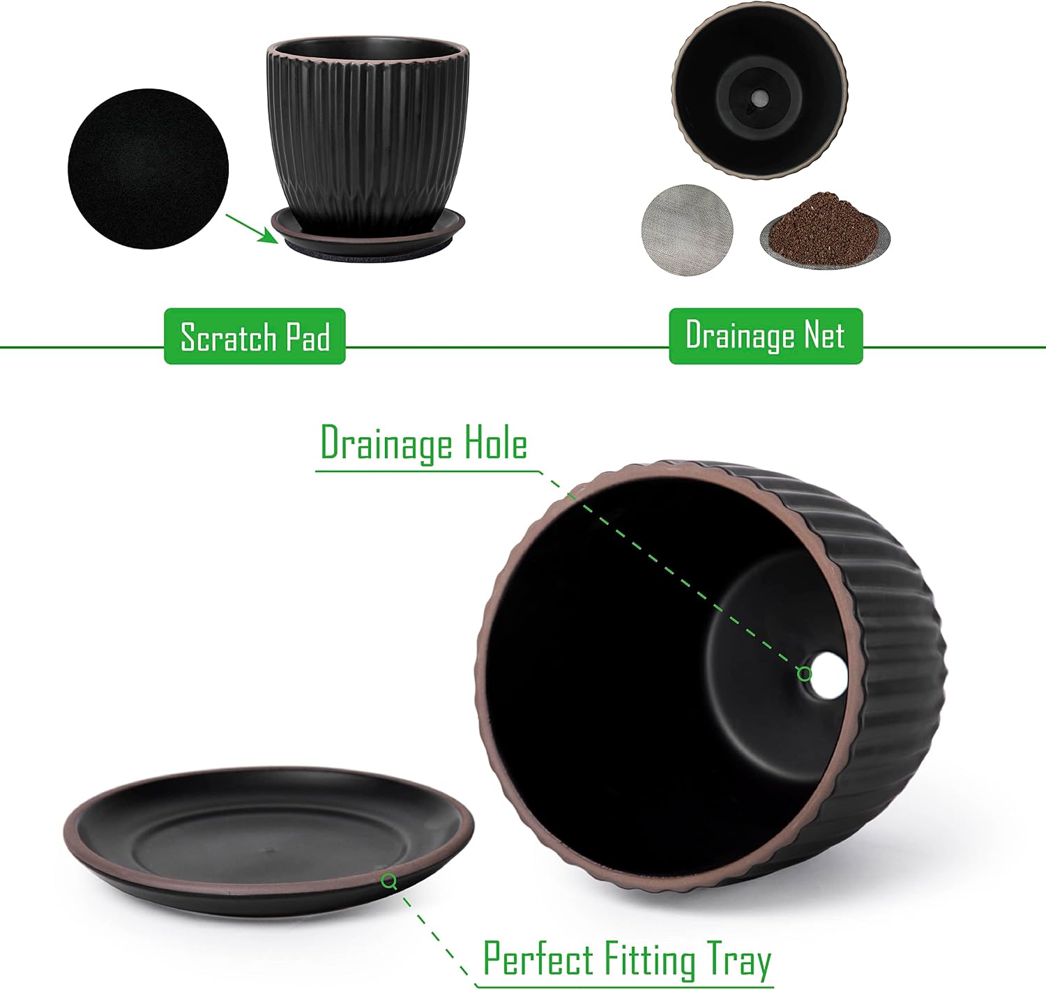 D'vine Dev 2-Pack Stoneware Planter Pots, 4.5/5.8 in, Black, 99-D-2 | Vertical Ribbed Texture, Smooth Glazed Finish