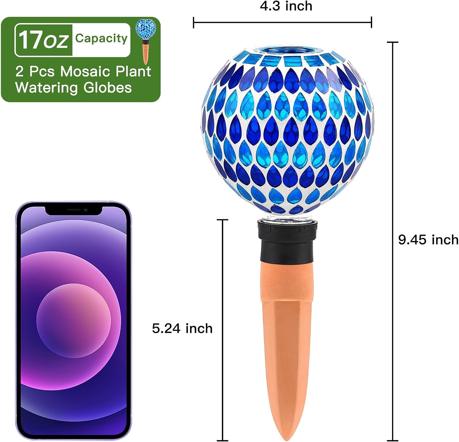 VOREEN Blue Mosaic Self Watering Globes 2 Pack, 500ml Handmade Glass Terracotta Plant Spikes, Automatic Self Watering