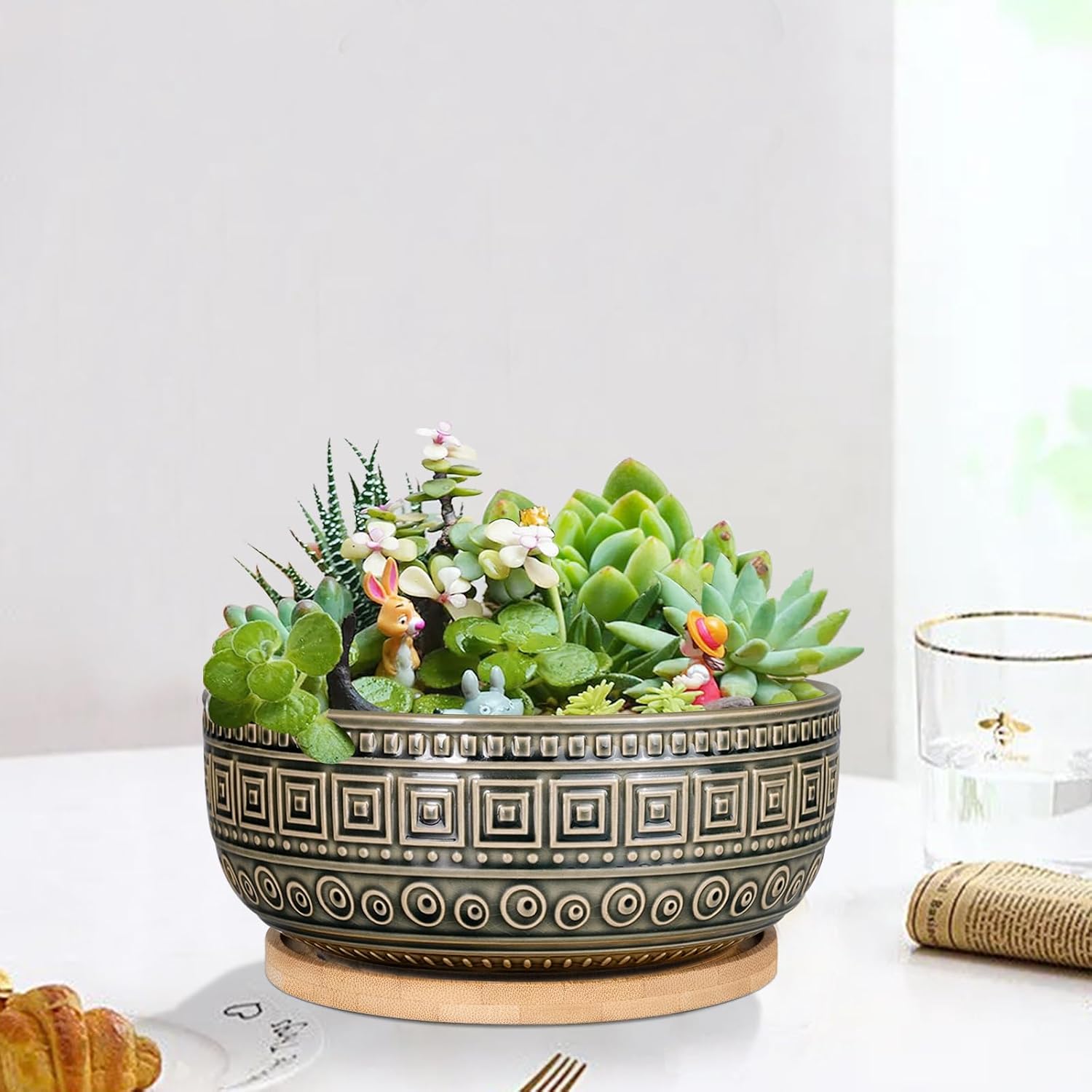 G EPGardening 8 Inch Ceramic Succulent Planter Pots Round Shallow Bonsai Planter Pot for Indoor Plants with Drainage