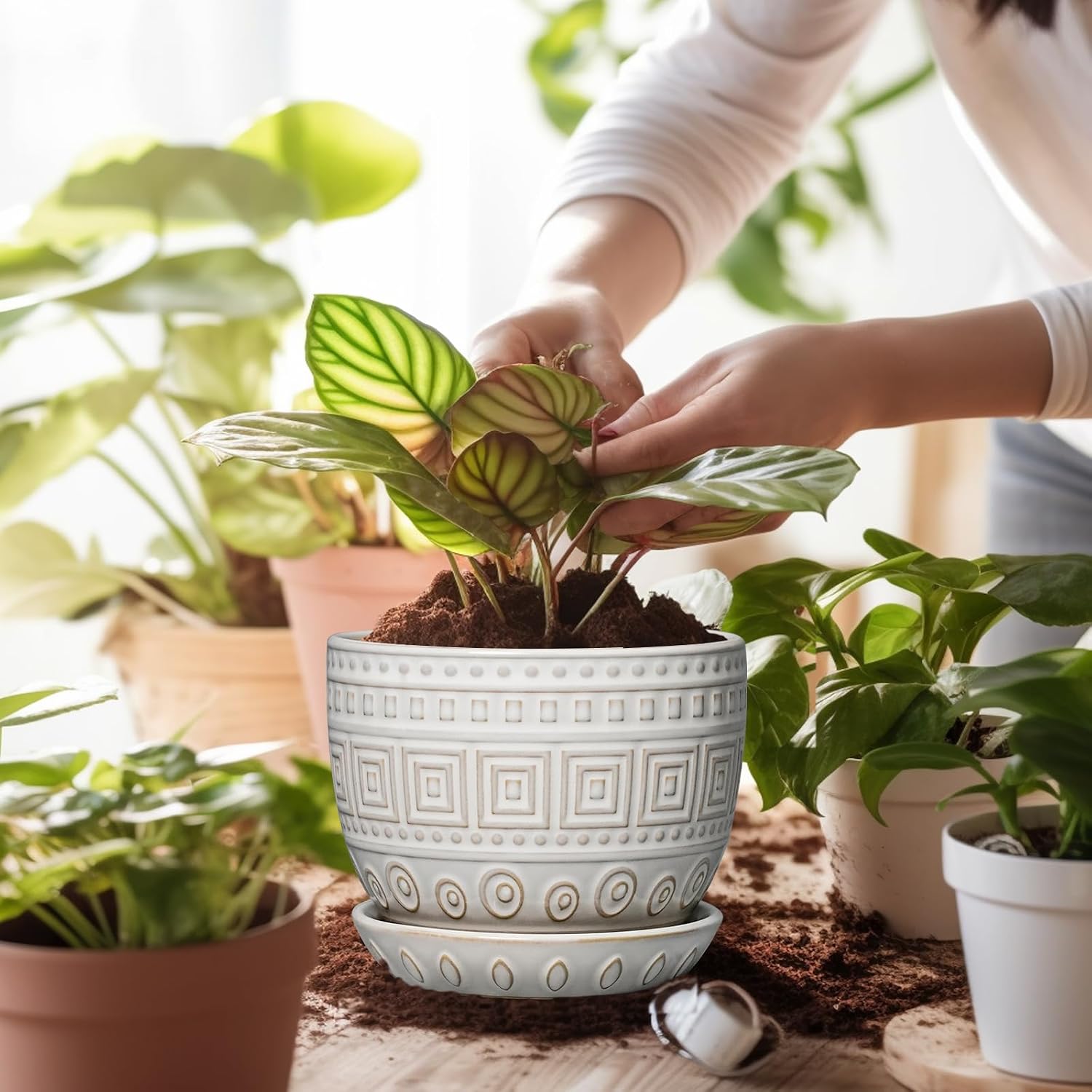 G EPGardening Ceramic Pots for Plants - 5 Inch Plant Pot Indoor with Drainage Hole and Saucer, Outdoor Flower Pot