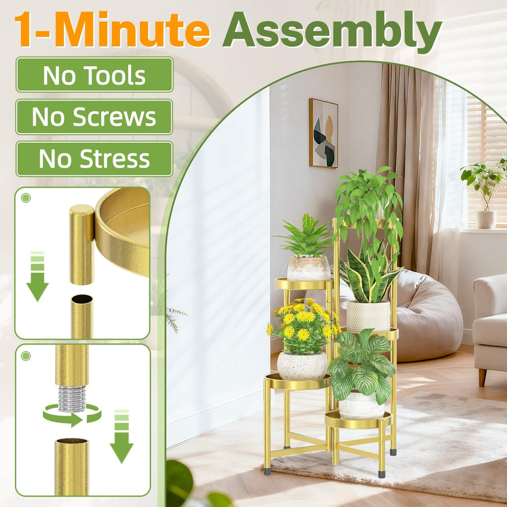 iDavosic.ly Plant Stand Indoor Outdoor, 5 Tier Metal Corner Shelf, Gold | Tiered Flower Display Holder, Folding Multi