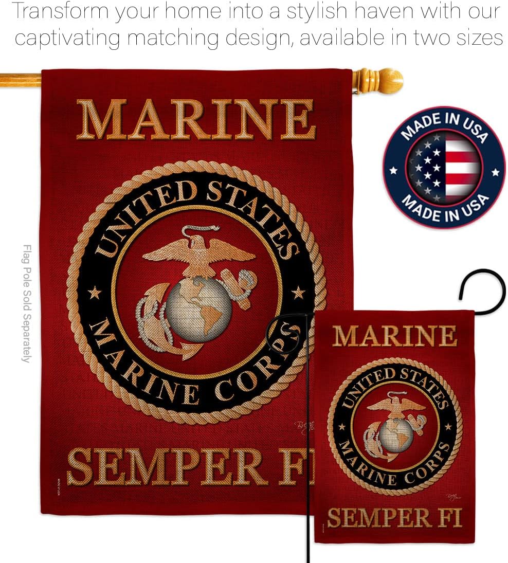Marine Corps Burlap Garden Flag - Set with Stand Armed Forces USMC Semper Fi United State American Military Veteran