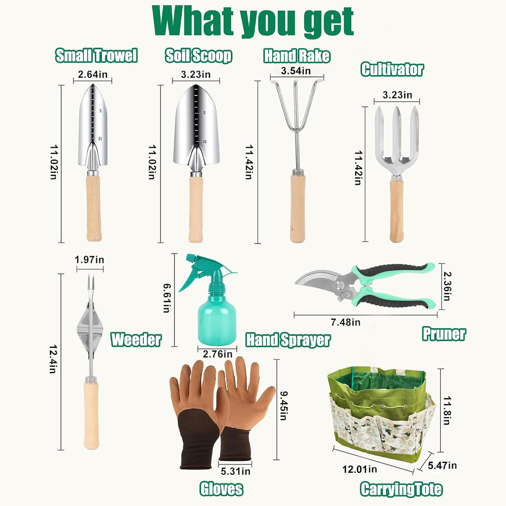 Garden Tool Set, 9 Pcs Heavy Duty Stainless Steel Gardening Hand Tool, Green Garden Tool Bag Kit, Gardening Supplies
