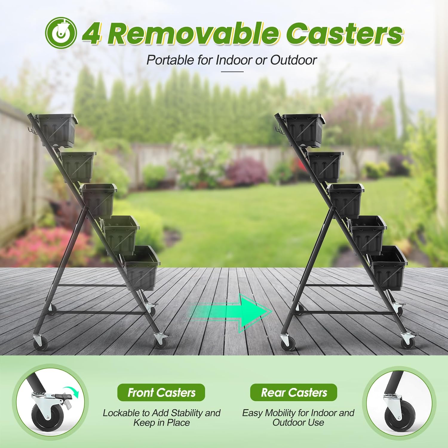 TEANDE Vertical Raised Garden Bed with Lockable Wheels, 5-Tier Elevated Planter Box w/Drainage System & 4 Hooks for