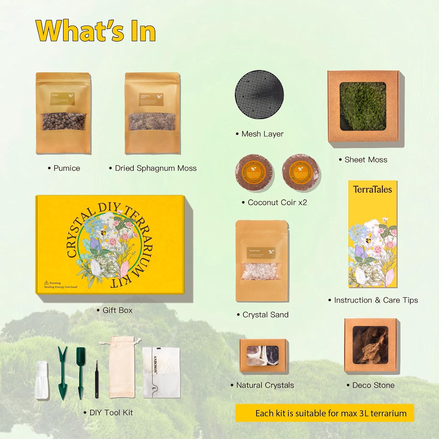 DIY Crystal Terrarium Kit - 21-Pieces All-In-One Starter Kit with Preserved Moss, Pumice, Crystals, Coconut Coir, Tools