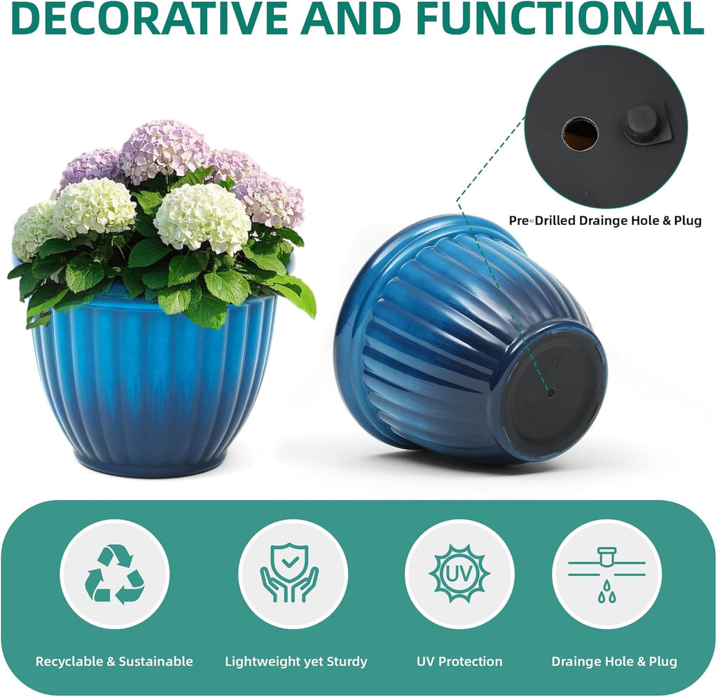Autodaya 15" Large Planters for Outdoor Plants Set of 2 Plastic Flower Pots | Gradient Blue Finish and 3D Textures