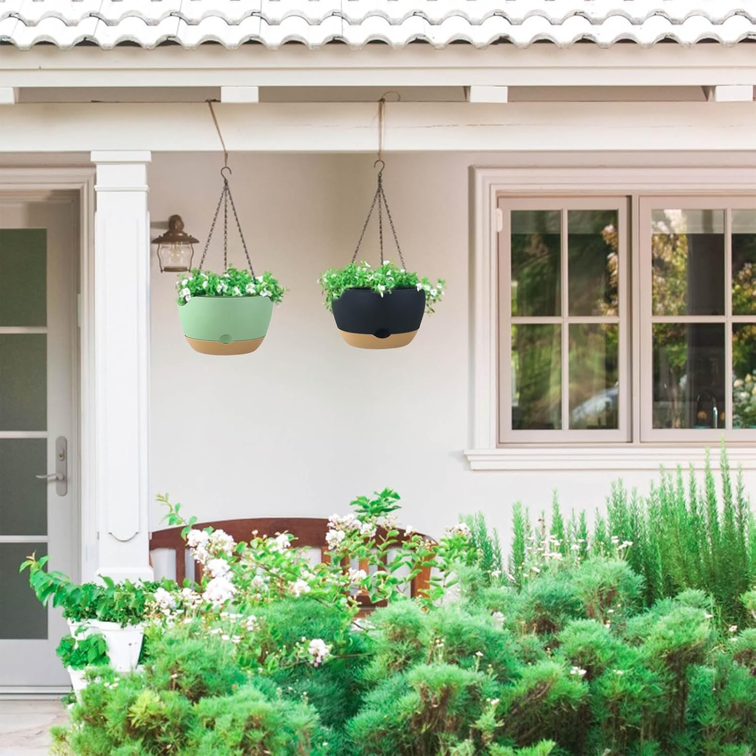 2 Pack Hanging Planters for Outdoor Indoor Plants, 10 Inch Plastic Outdoor Hanging Planter, Hanging Flower Pots for