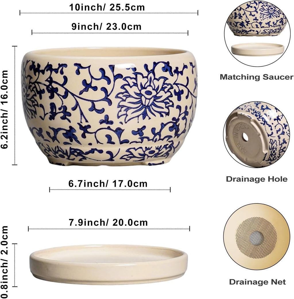 SQOWL 10 Inch Plant Pot Indoor - Ceramic Planter with Drainage Hole and Tray, Large Ceramic Flower Pots Outdoor