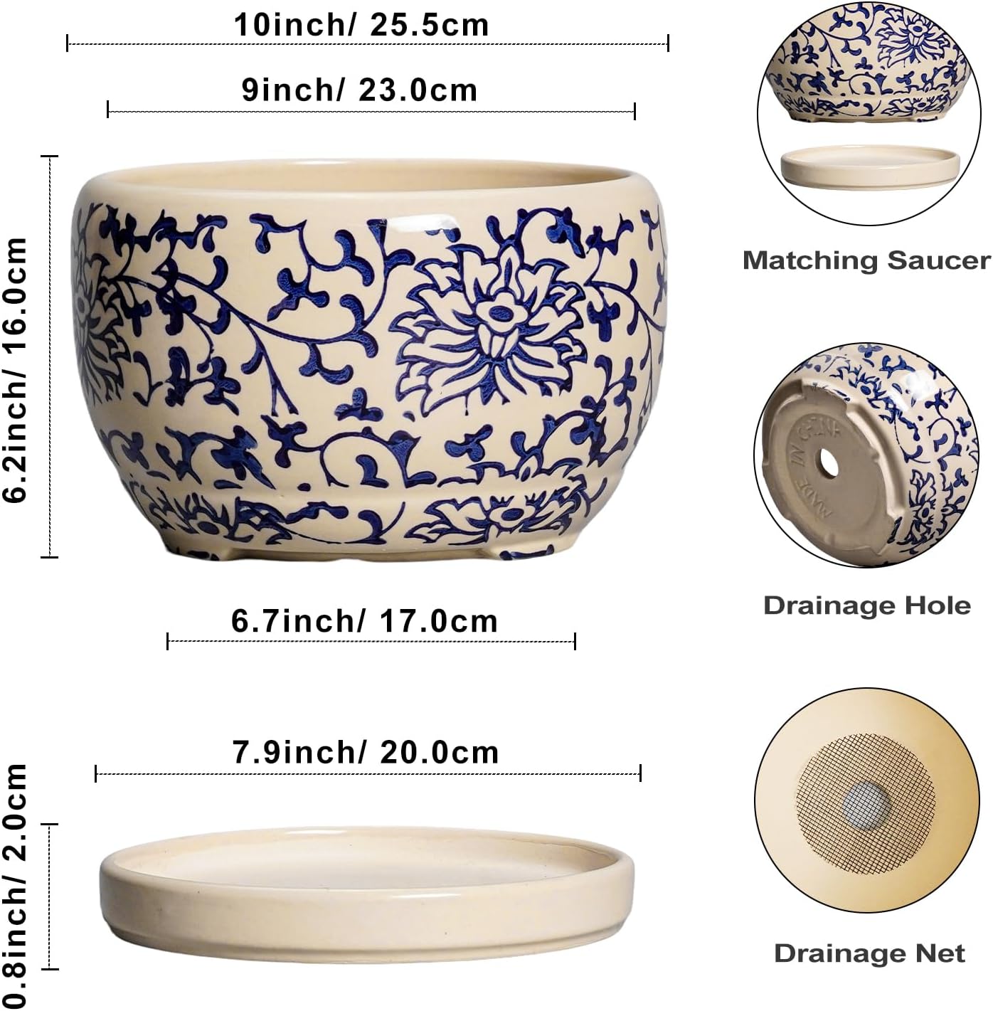 SQOWL 10 Inch Plant Pot Indoor - Ceramic Planter with Drainage Hole and Tray, Large Ceramic Flower Pots Outdoor