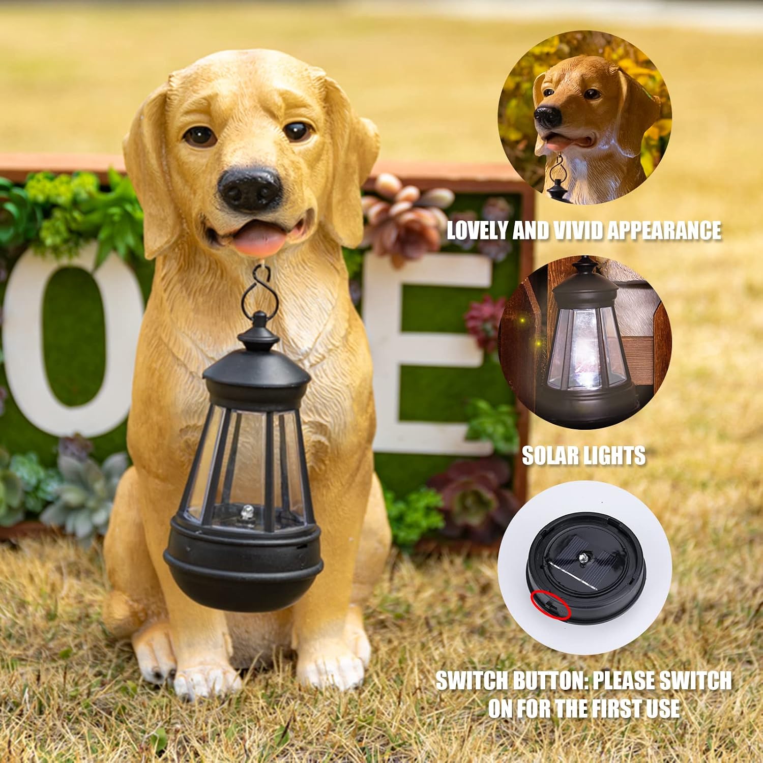 Solar Dog Statue Garden Decor, Golden Retriever Dog Statues Solar Lights | Outdoor Resin Labrador Figurine Holding