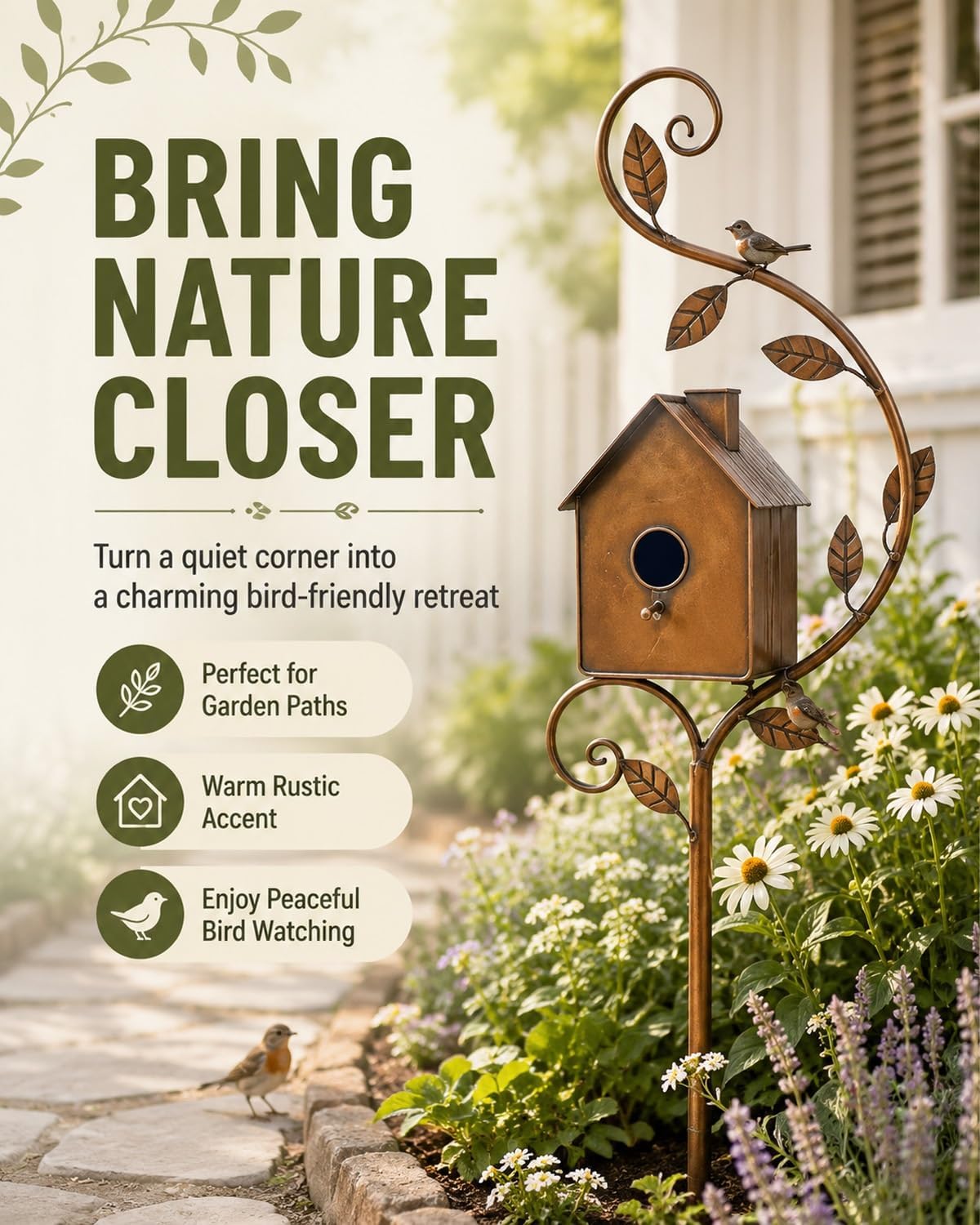 Handmade Iron Birdhouse Metal Garden Stake Bird House with Pole Stand | Rustic Outdoor Decorative Nesting Box for Yard
