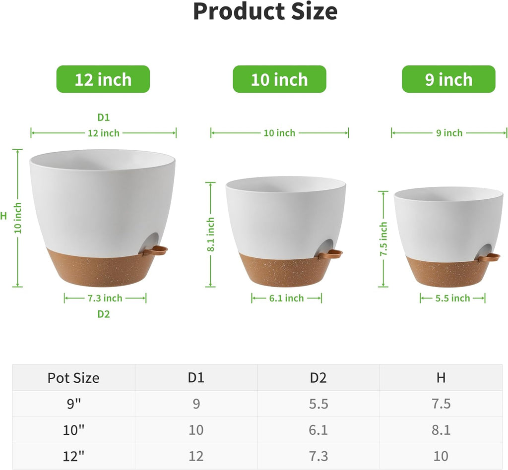 FaithLand 3-Pack Large Planter Pots, 12 10 9 Inch Self Watering Flower Pots for Indoor Outdoor Garden Plants, White