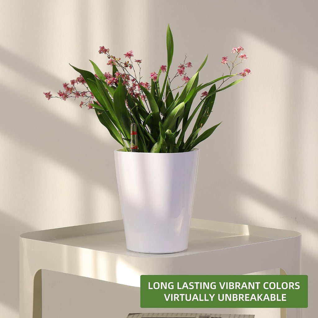 Dexceder 6x7 Self Watering Planter (White) | High Gloss Table Flower Plant Pot with Water Level Indicator Indoor Outdoor