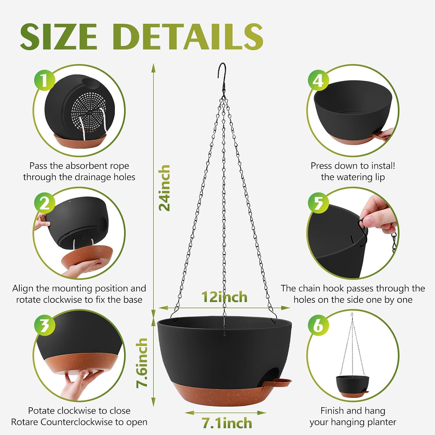 Hanging Planters, Self Watering, Black 12 Inch 2 Pack with Drainage | Indoor Outdoor Use, Removable Drainage Tray