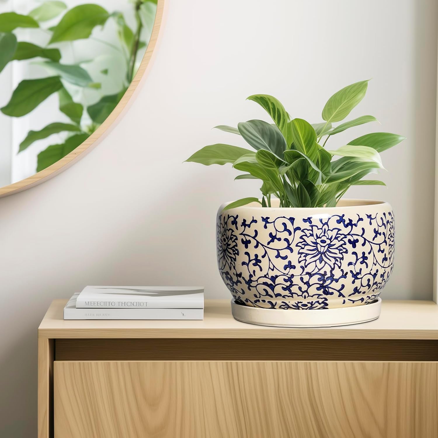 SQOWL 10 Inch Plant Pot Indoor - Ceramic Planter with Drainage Hole and Tray, Large Ceramic Flower Pots Outdoor