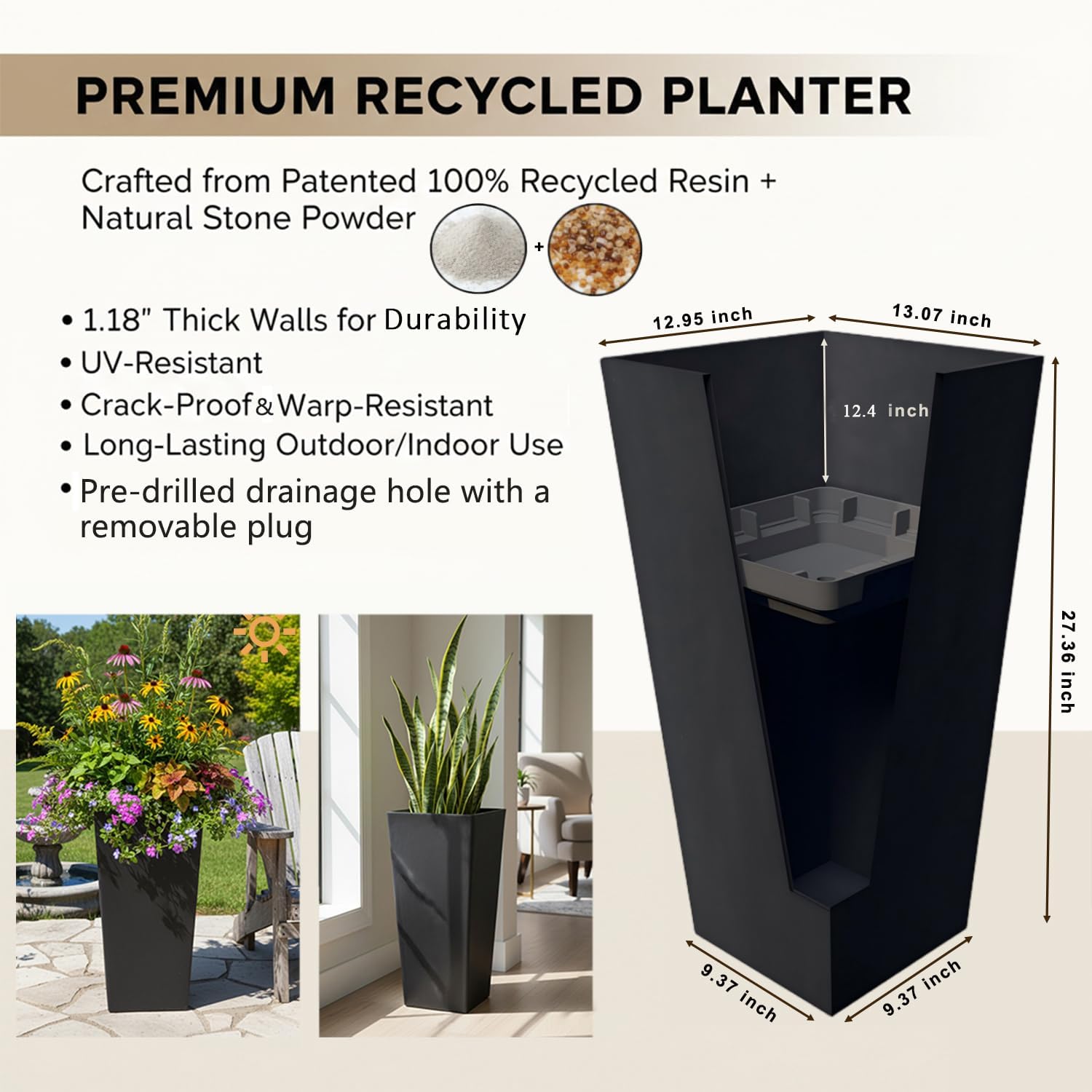 GreenShip 27" Tall Planters for Outdoor Indoor, Set of 2 with Drainage | Black Planter,Large Flower Pots, Drainage &