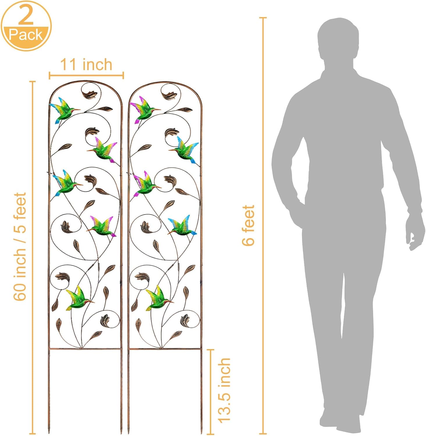 2 Pack Metal Garden Trellis for Climbing Plants | 60 Inch High, Decorative with Hummingbirds, Easy Assembly Arched