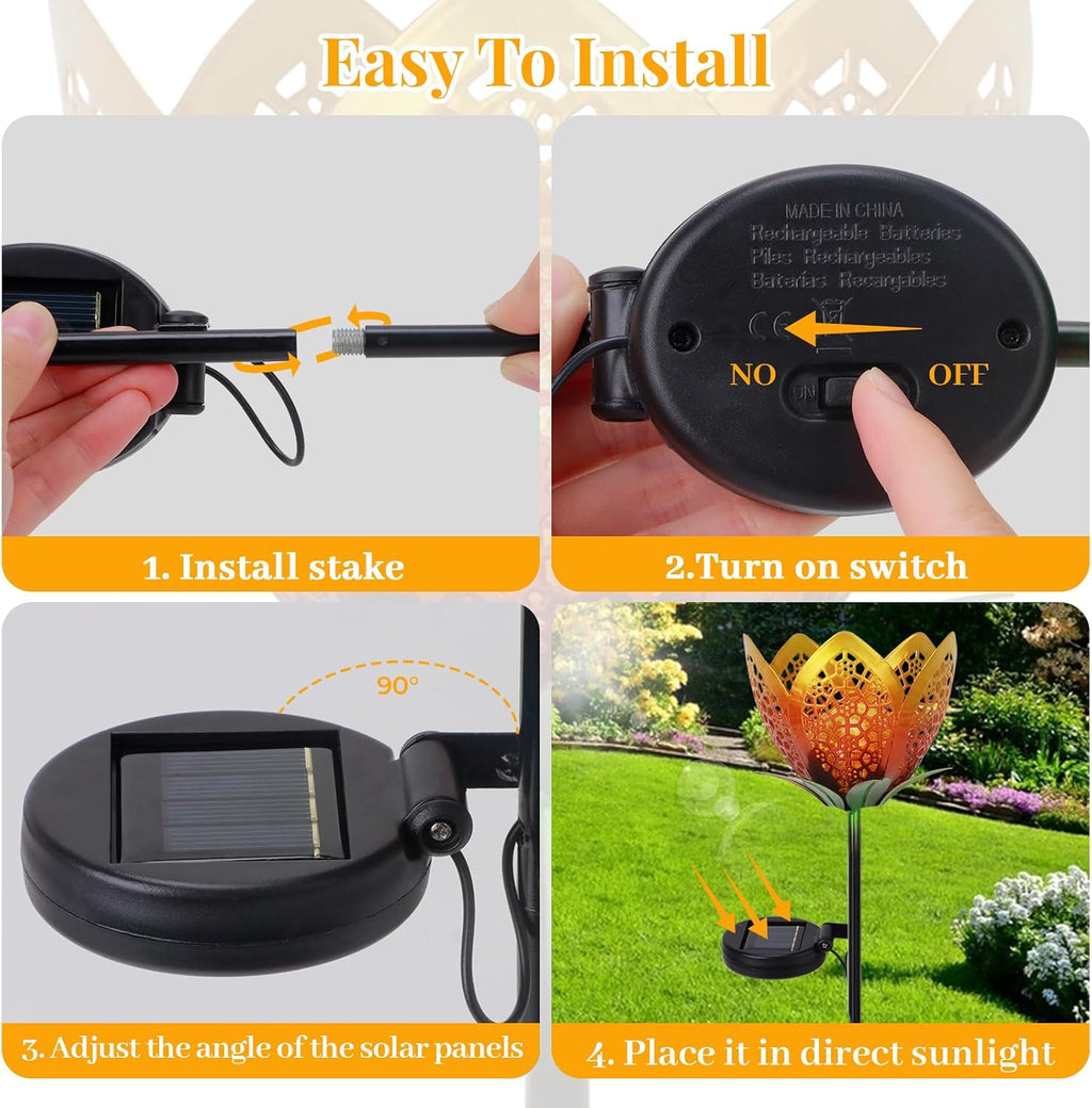 Outdoor Solar Tulip Light, Crackle Globe Glass Metal Flower Decorations Lights for Lawn Ornaments, LED Lotus Hollow