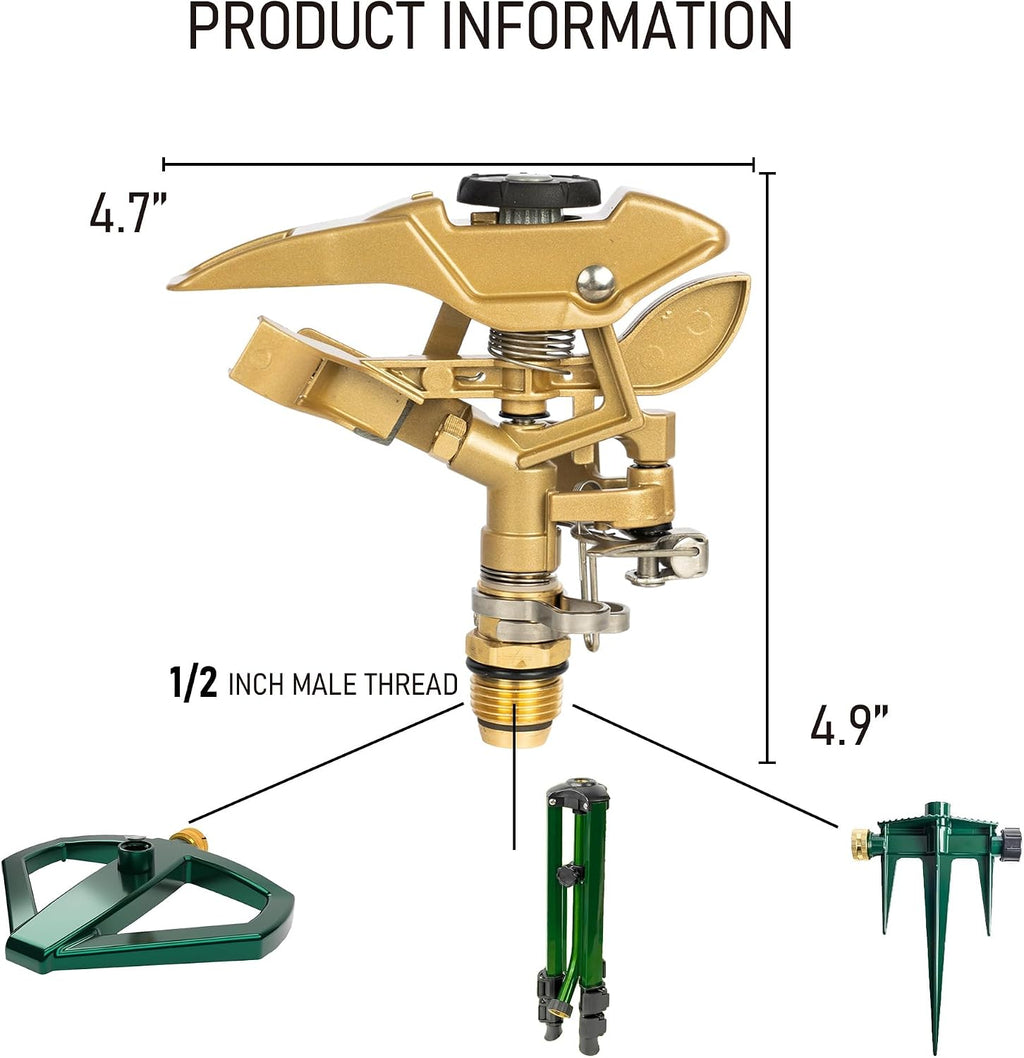 LIULO TOOL Large Impact Sprinkler on Tripod Base, Heavy Duty Zinc Alloy Sprinkler for Yard with Adjustable Head and