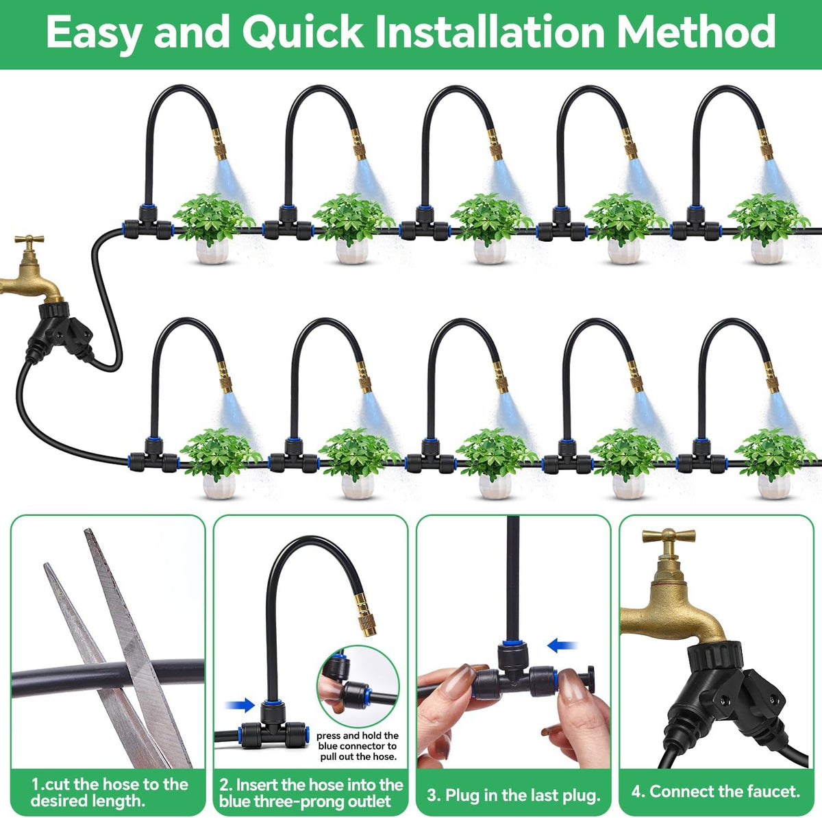 120Ft 1/4" Drip Irrigation System for Garden – 26 Adjustable Copper Nozzles, Automatic Atomizing Sprinkler System for