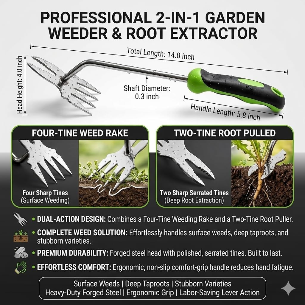 Weed Puller Tool Set - 2-Piece Hand Weeding Kit with Stainless Steel Weeder & Manganese Steel Cultivator, Precision and