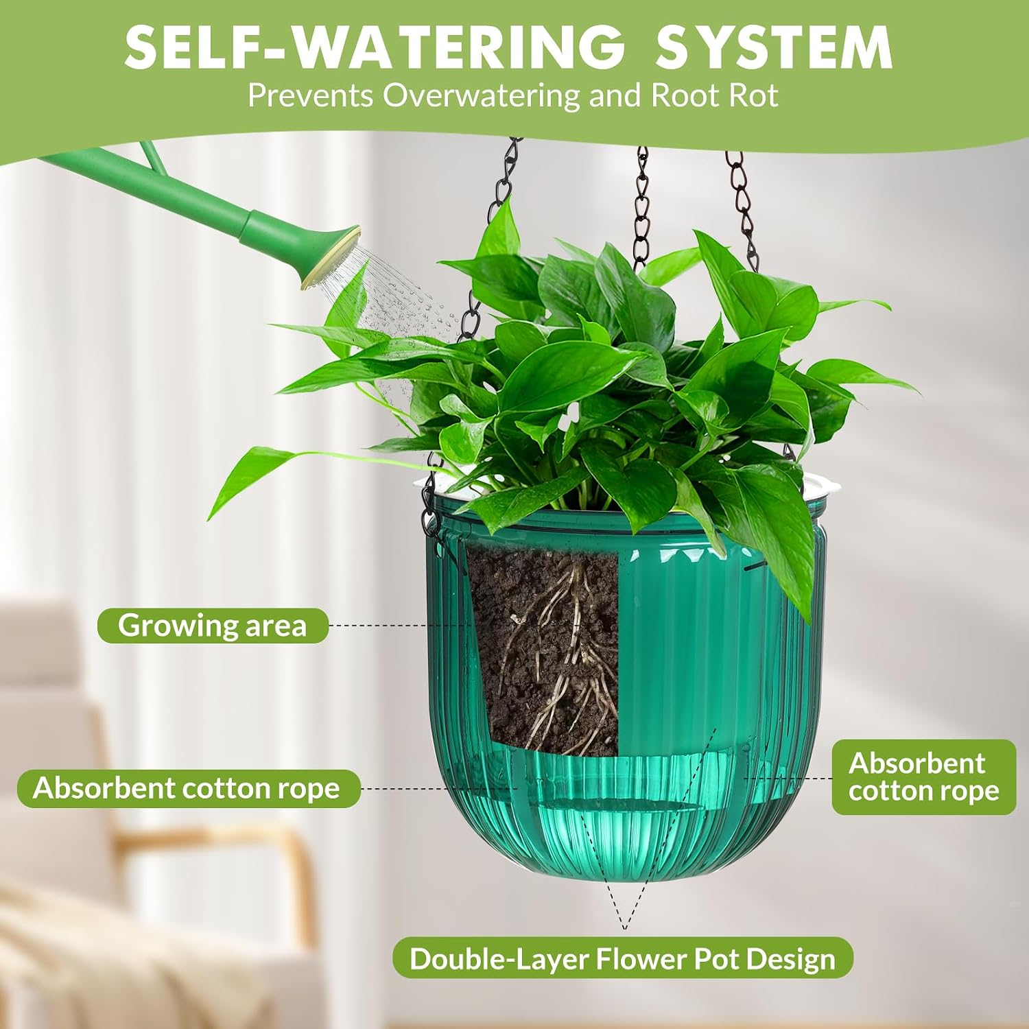 Hanging Planters for Indoor Plants 3 Pack, 6.5'' Plastic Flower Pot | Self Watering Planters Small Clear Outdoor, Metal