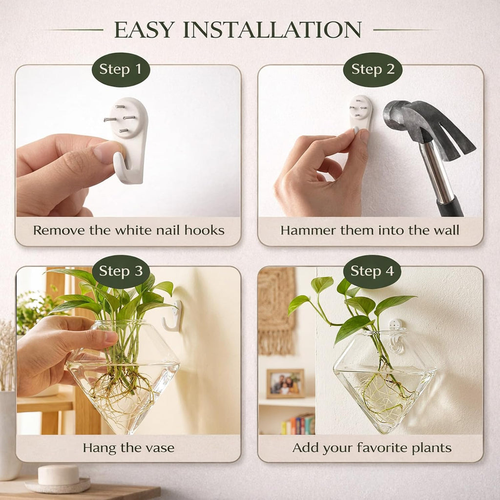 Yungyan 6 Pack Wall Mounted Glass Planter Borosilicate Glass Diamond Hanging Vase with Hidden Invisible Hook Hydroponic