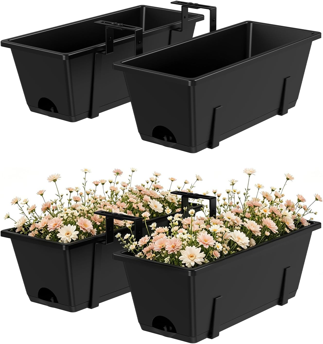 Railing Planter Box Adjustable Window Boxes Planters Set of 2, Black | Hanging Balcony Planters with Removable Bracket