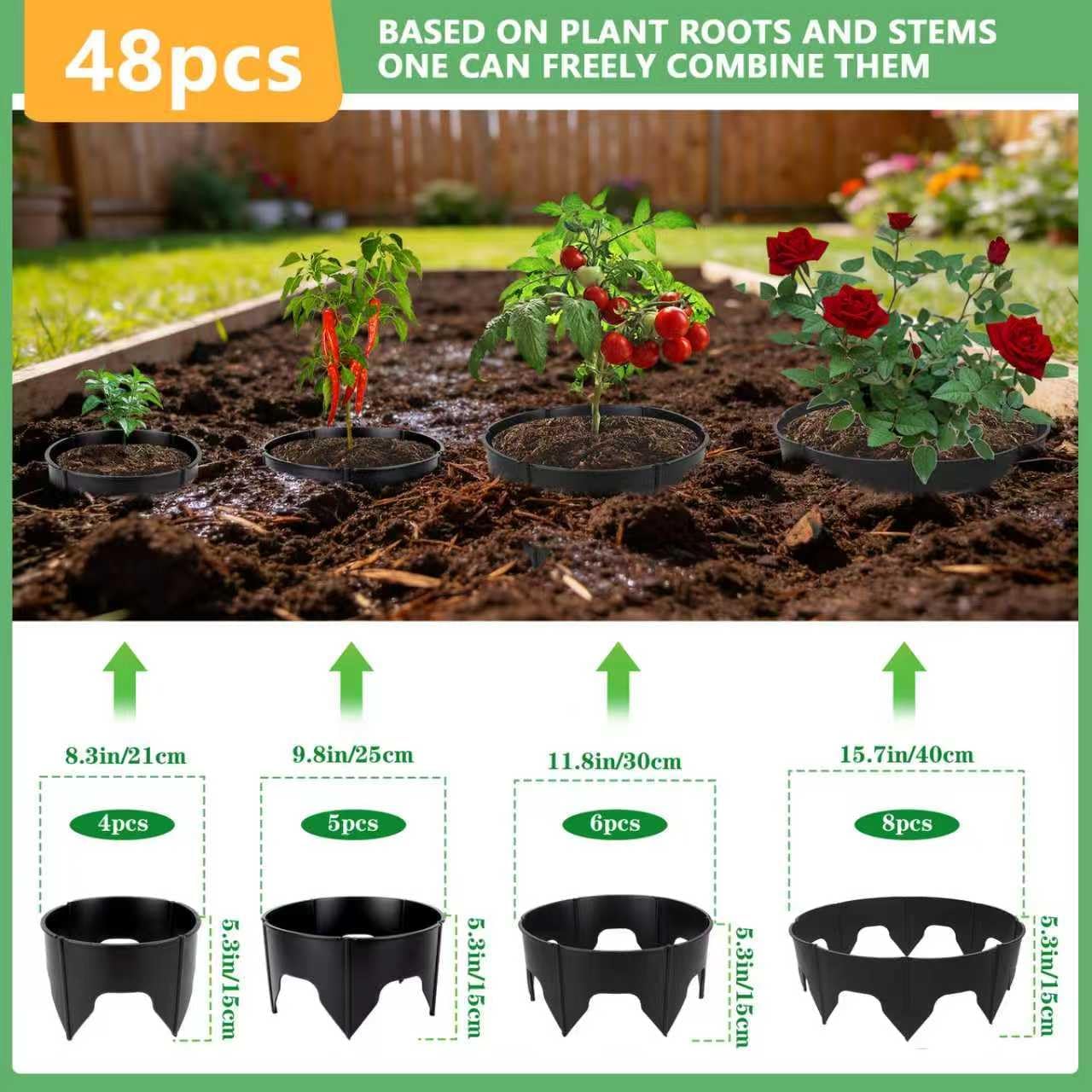48PCS Planting Grow Rings with Shovel, Diameter Range 8.3-15.7in Adjustable Round Plant Support Garden Circle Ring for
