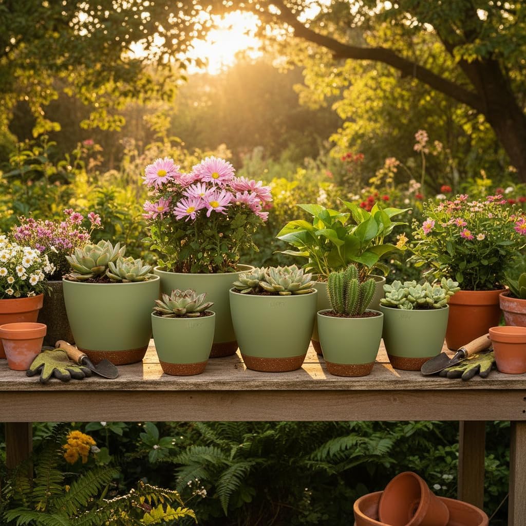 LIFFY Plant Pots, 8,7.5,7,6.5,6,5.5,5 Inch Plastic Self Watering Planters with Drainage Holes & Saucers, 7-Pack Green